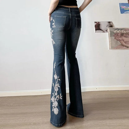 Women Retro Y2k Jeans Baggy Floral Embroidery Jeans