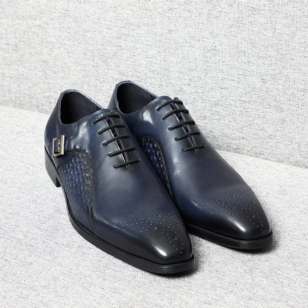 Classy Men's Genuine Leather Oxford Dress Shoes Blue Black Lace-up Brogue Pointed Business Wedding Party Formal Shoes for Men