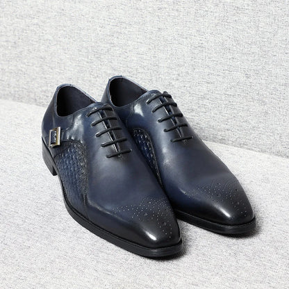 Classy Men's Genuine Leather Oxford Dress Shoes Blue Black Lace-up Brogue Pointed Business Wedding Party Formal Shoes for Men