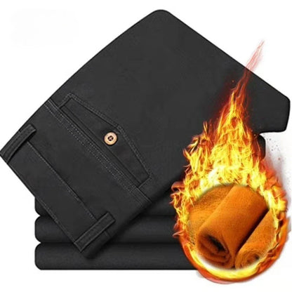 Winter Men's Thicken Fleece Casual Pants Stretch Loose Straight Warm Business Trousers Velvet Fashion Leisure Office Suit Pants