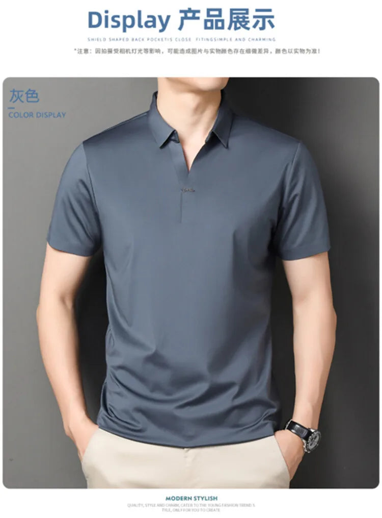 2024 High-quality Elastic Stretch POLO, Business Casual Men's Short-sleeved Shirt, Seamless V-neck M-4XL Men's Polo Shirt