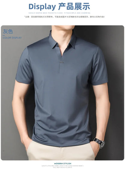 2024 High-quality Elastic Stretch POLO, Business Casual Men's Short-sleeved Shirt, Seamless V-neck M-4XL Men's Polo Shirt