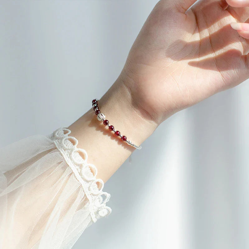 Natural Garnet Little Balls Sterling Silver 925 Bracelet for Women Link Chain Bracelet Ethnic Style Original Fine Jewelry