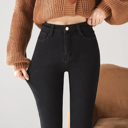 Women Thermal Jeans Winter Snow Warm Thickened Fleece Stretch Skinny Pencil Pants Fashion Korean Slim Fit Velvet Plush Pants