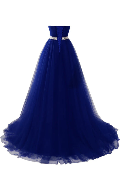 A-line Strapless Tulle Royal Blue Evening Dresses Lace Up Crystal Sequin Formal Party For Bride Sexy Prom Gown Wedding Party