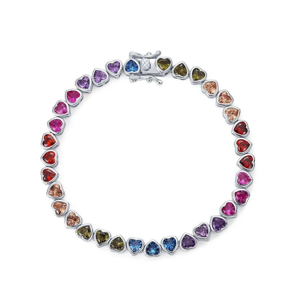 925 Sterling Silver Tennis Bracelet Colorful Rainbow CZ Heart Shaped Zircon Bracelet For Women Fine Jewelry Wholesale