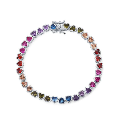 925 Sterling Silver Tennis Bracelet Colorful Rainbow CZ Heart Shaped Zircon Bracelet For Women Fine Jewelry Wholesale
