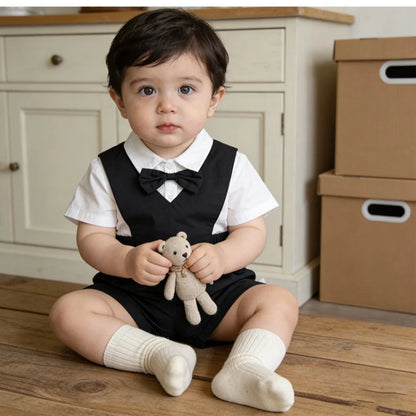 Baby Boys Gentleman 2pcs Overalls Set Bow Tie White Shirt+Suspender Shorts 1st Birthday Outfits Kids Handsome Suit