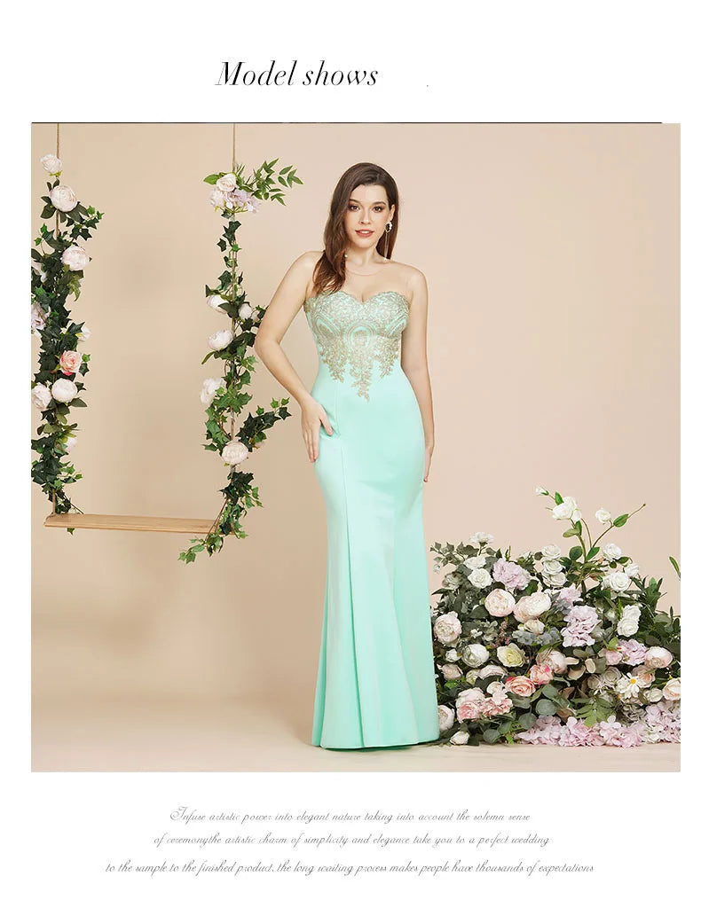 2024 Hot Sale Gold Appqulies Sweetheart Illusion Wedding Guest Gown Elegant Bridesmaid Dresses Maxi Floor Length Mermaid Gowns