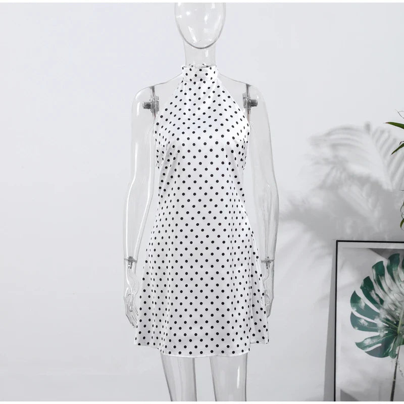 Fashion Lace Up Polka Dot Mini Dress Women Square Collar Short Sleeve Satin Party Dresses2026 Summer Lady Elegant Beach Robe New