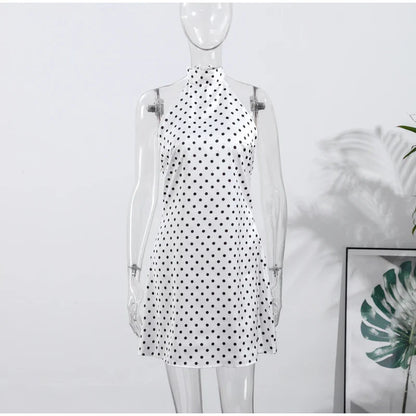 Fashion Lace Up Polka Dot Mini Dress Women Square Collar Short Sleeve Satin Party Dresses2026 Summer Lady Elegant Beach Robe New