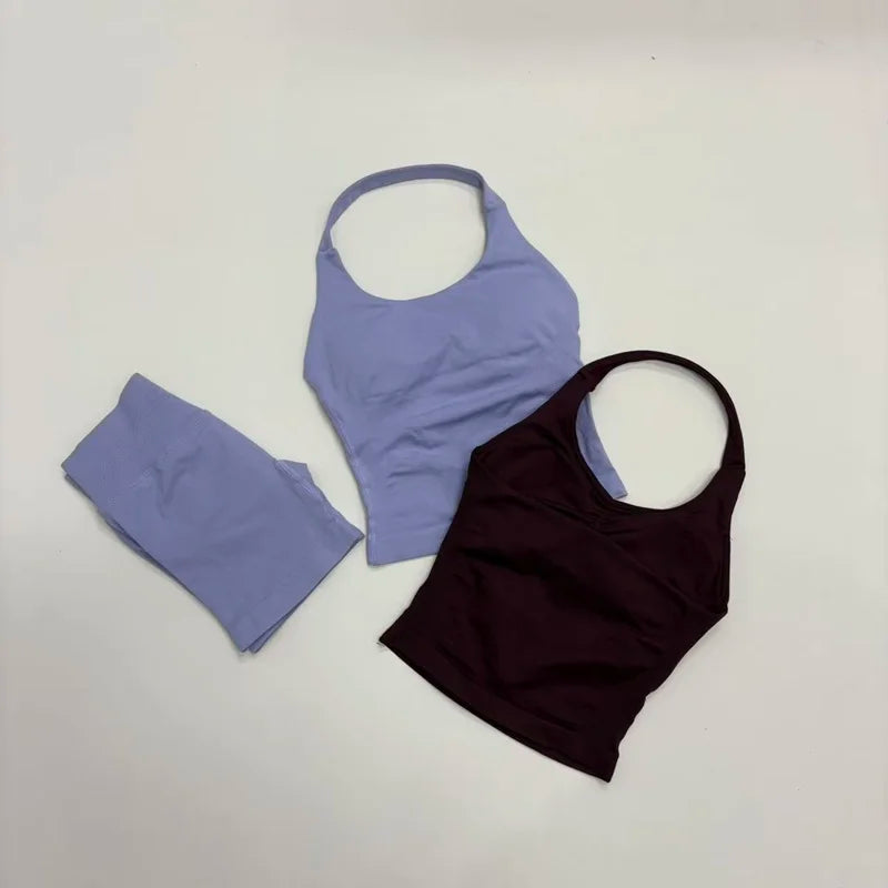 Women Seamless Gym Set 2Pcs Halter Neck Sports Crop Top High Waist Scrunch Butt Shorts Workout Fitness Yoga Tracksuit Sportswear