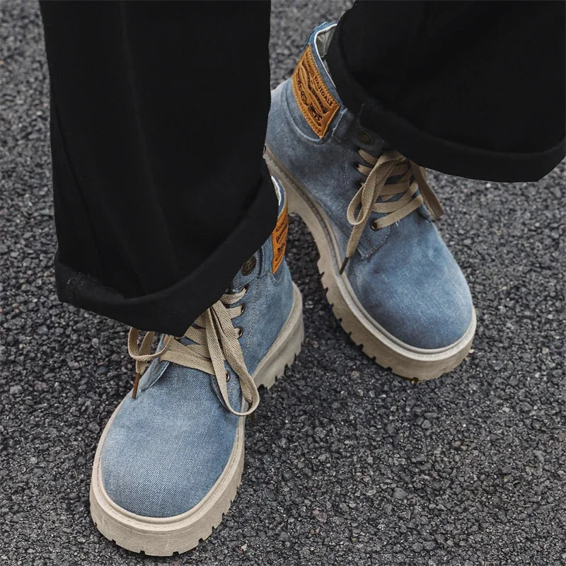 Breathable Men Boots Winter Denim Cloth Mens Ankle Boots Retro Work Boots Platform Men Casual Shoes Handmade High Top Shoes