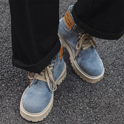 Breathable Men Boots Winter Denim Cloth Mens Ankle Boots Retro Work Boots Platform Men Casual Shoes Handmade High Top Shoes
