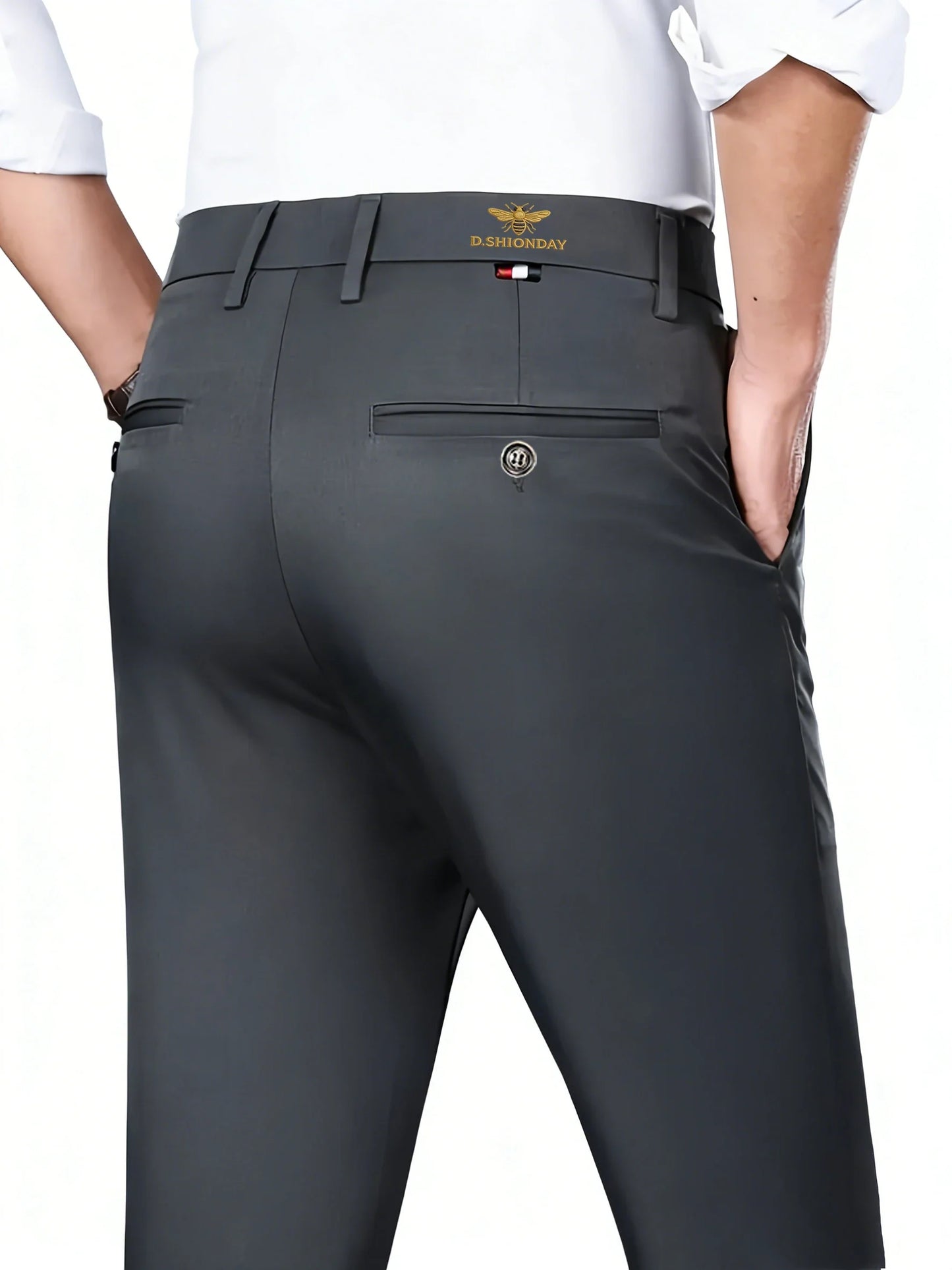 Men's Luxury Bee Logo Waistband Business Casual Pants High Elastic Slim Fit Formal Trousers for Office