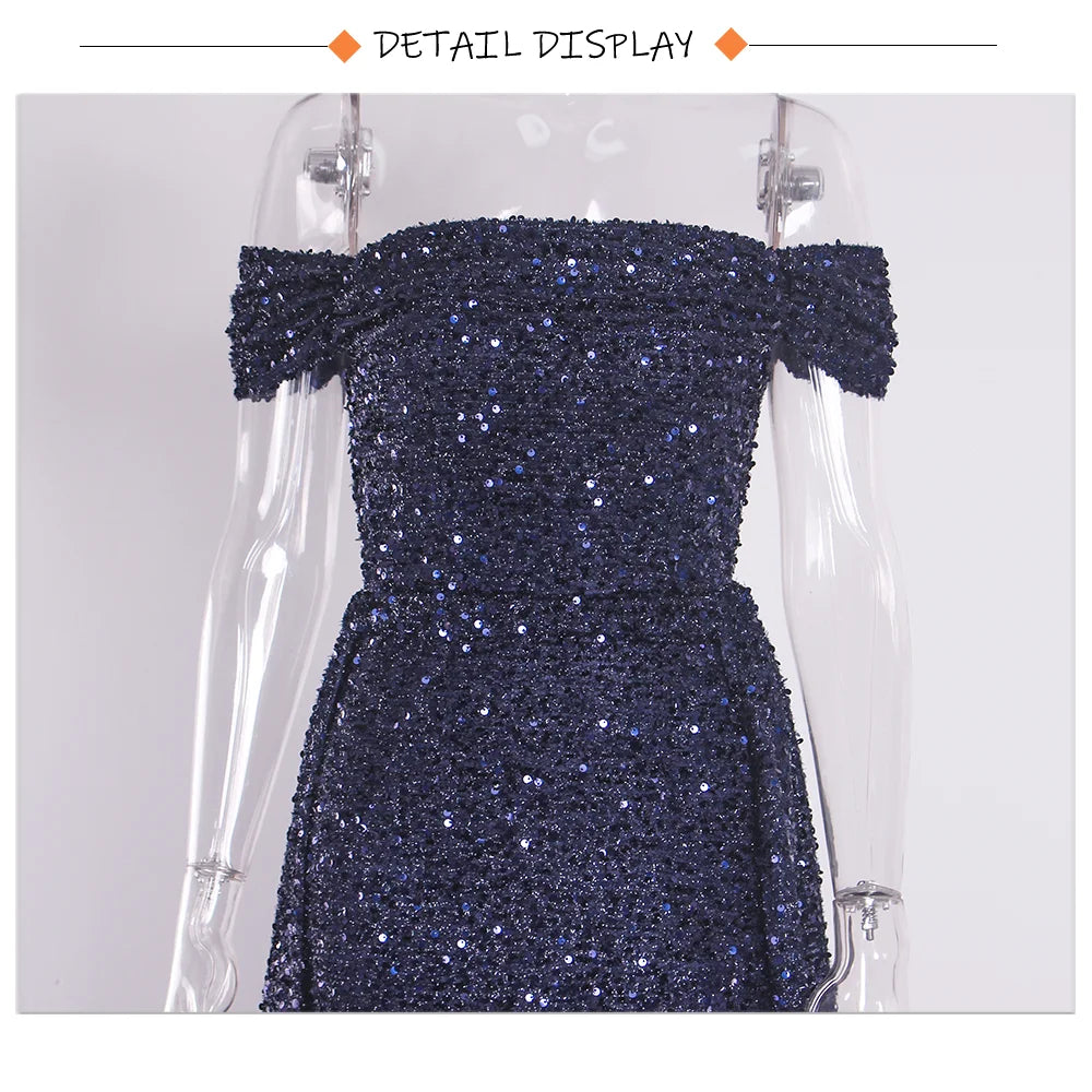 Navy Blue Slash Neck Off Shoulder Prom Gown Sequin Detachable Train Mermaid Evening Party Dresses Cocktail Dress 2025