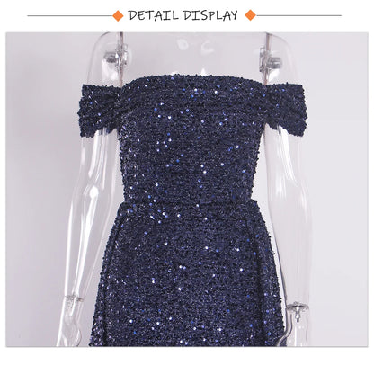 Navy Blue Slash Neck Off Shoulder Prom Gown Sequin Detachable Train Mermaid Evening Party Dresses Cocktail Dress 2025