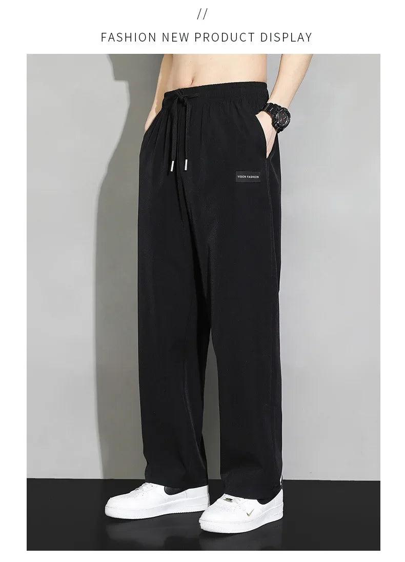 Men Drawstring Casual Pants Loose Drape Wide-leg Athleisure Pants Men Summer Thin Quick-drying Trousers Ice Silk Straight Pants