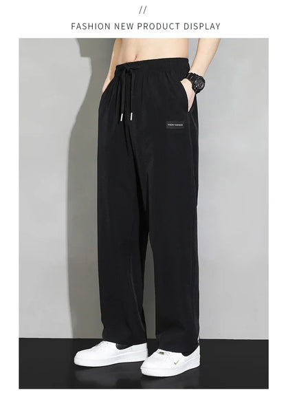 Men Drawstring Casual Pants Loose Drape Wide-leg Athleisure Pants Men Summer Thin Quick-drying Trousers Ice Silk Straight Pants