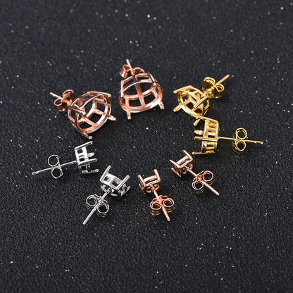 Oval 4-prong silvery Golden Rose golden color solid 925 sterling silver stud earring settings DIY jewelry supplies