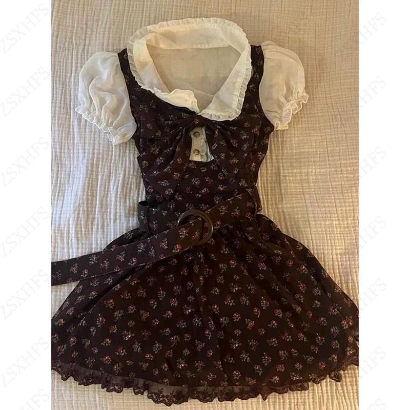 Sweet Gyaru Chic Dress y2k Summer Women's Clothing Floral Puff Sleeve Girdling Waist Lady Gowns Lace Up Ruffled Graceful Dresses