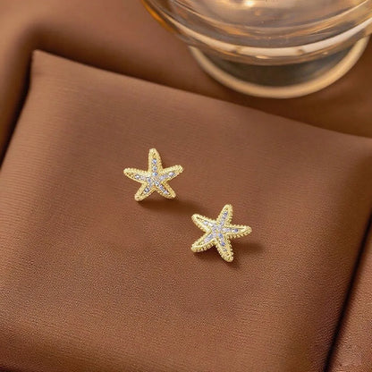 Stainless Steel Golden Inlaid Zircon Starfish Ocean Style 2pc Necklace Earrings Set Lady Fashion Waterproof Jewelry