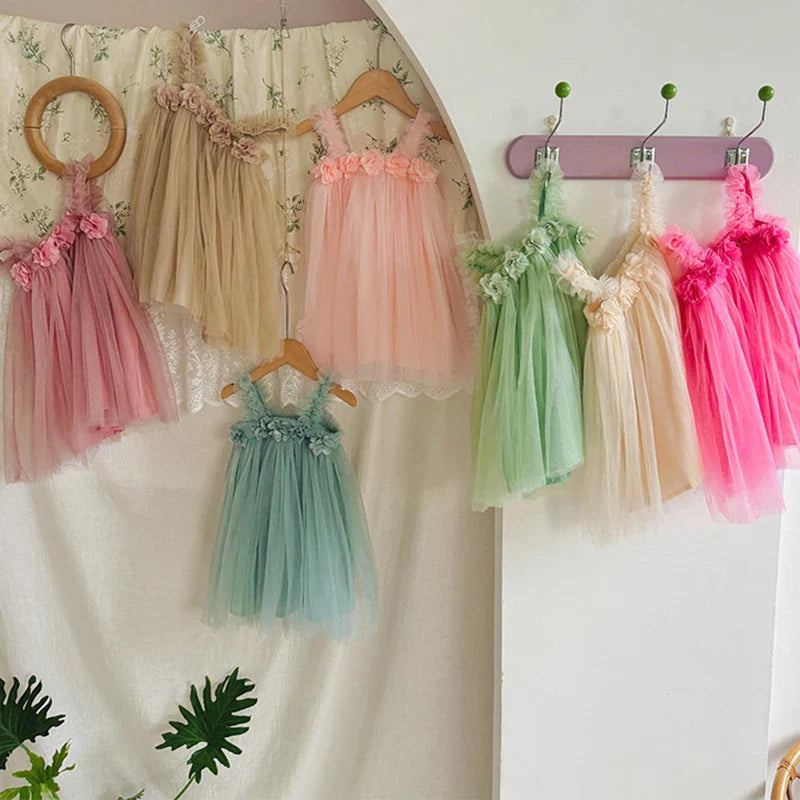 1-6 Y Girls Dresses  3D Flower A Line Dress for Girls Sleeveless Camisole Mesh Dress