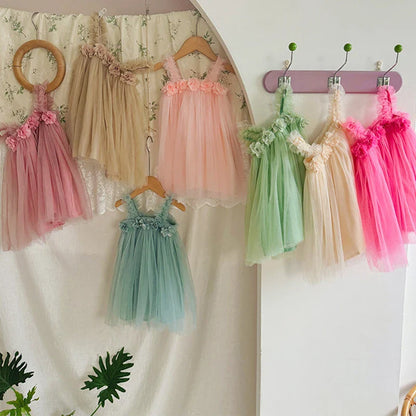 1-6 Y Girls Dresses  3D Flower A Line Dress for Girls Sleeveless Camisole Mesh Dress