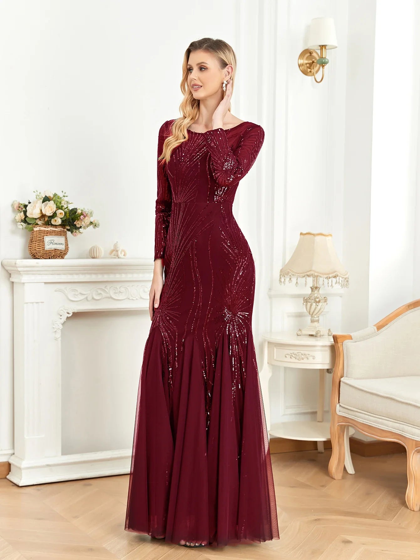 Elegant Long Sleeves Sequin Tulle Evening Dresses 2025 Women Luxury Mermaid Formal Bridesmaid Party Maxi Prom Dress