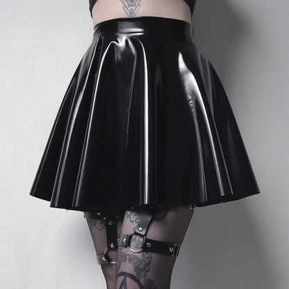 Women PVC Leather Skirt Pleated Short Skirt Flared A Line Skater Skirts Clubwear Dance Elastic Latex Mini Glossy Short Dress