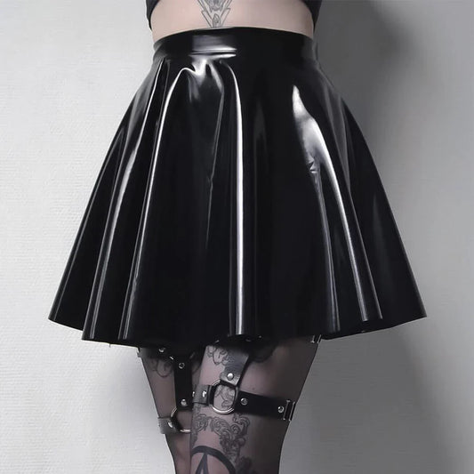 Women PVC Leather Skirt Pleated Short Skirt Flared A Line Skater Skirts Clubwear Dance Elastic Latex Mini Glossy Short Dress