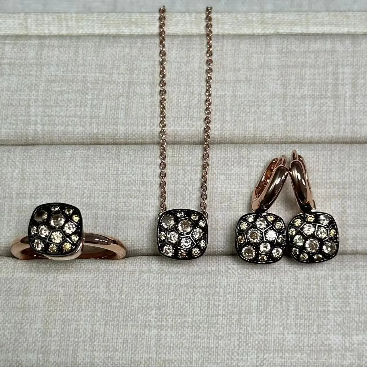 10.6mm Honeycomb Style Jewelry Set For Women Ring Earrings Necklace Rose Gold Candy Crystal Bijoux Gift
