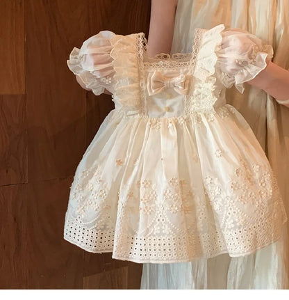 Vestido de princesa Lolita francês para meninas, vestido novo estilo verão para um ano de idade, lindo vestido branco de manga curta para menina fofa