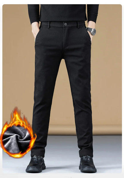Stretch Fleece Casual Pants Men Korean Thickened Straight Thermal Velvet Pants Male Winter Business Soft Slim Fit Trousers