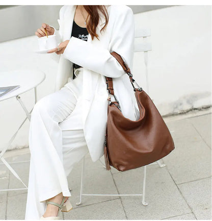 Fashion Tassel Women Shoulder Bag 100% Genuine Leather Daily Shopping Hobos Classic Large Red Tote Handbag Crossbody Bag