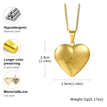 Light Heart Locket Pendants for Women Men Openable Photo Frame Glossy Stainless Steel Necklaces Family Love Collar