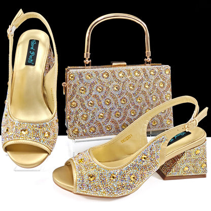Rhinestone Design INS Hot Sale New Arrivals African Shoes and Bag Set in Green Color Open Toe Comfortable Women Heels