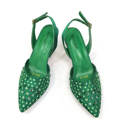 Latest High Heel Gold Color Atmospheric Luxury Pattern With Rhinestones Party Ladies Shoes And Bag Set