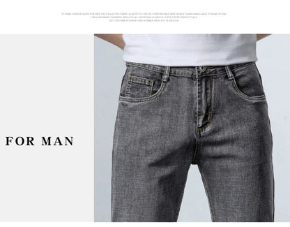 2022 Autumn Spring Fitted Straight Stretch Denim  Classic Style Badge Youth Men's Business Casual Jeans Trousers