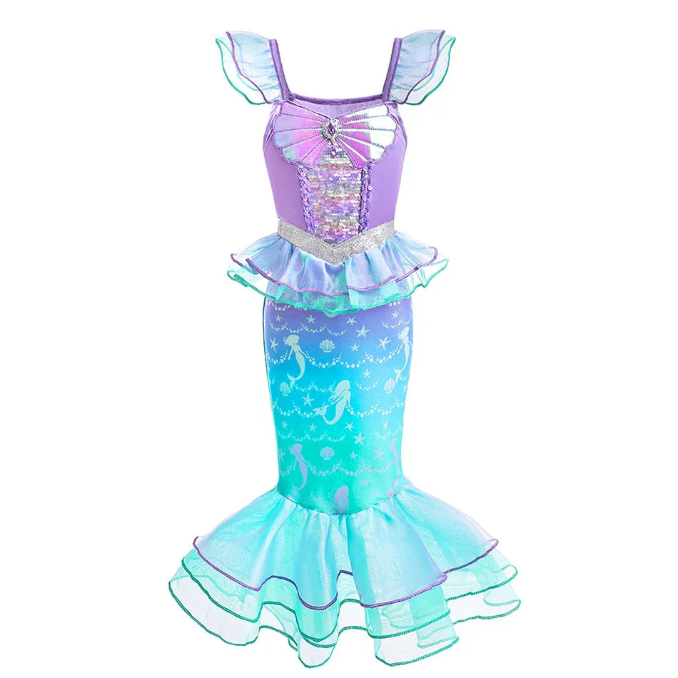 Ariel Cosplay Princess Costume Kids Cartoon Printed Dress Girls Halloween Children Carnival Birthday Party Clothes