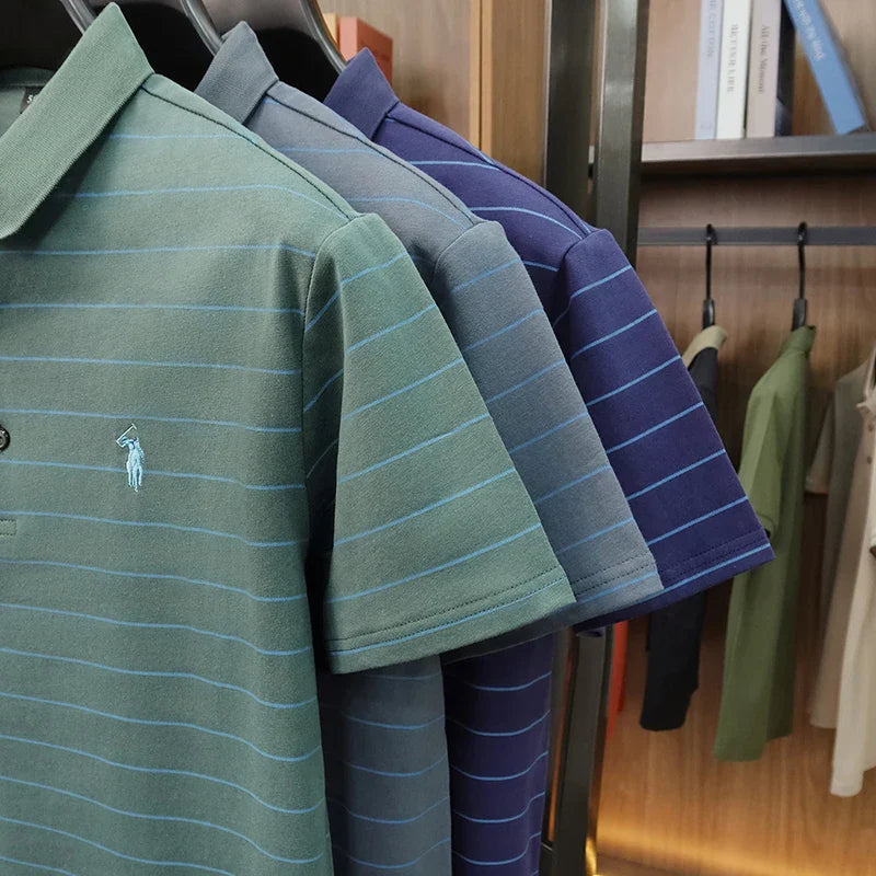 2026 New Summer Pure Cotton Short Sleeved Business Polo Shirt Men's Lapel Breathable Casual Versatile Top Striped T-shirt