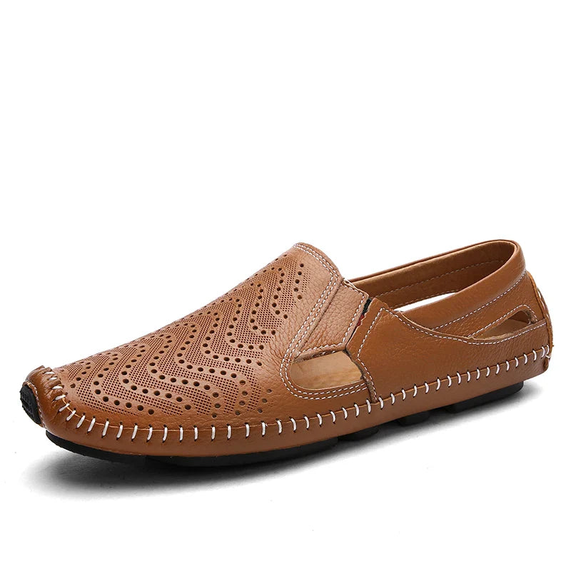 Men's Hollow Leather Shoes Summer Breathable Sandals Genuine Leather Slip-on Loafers Flat  Soft Soled Driving Casual Shoes