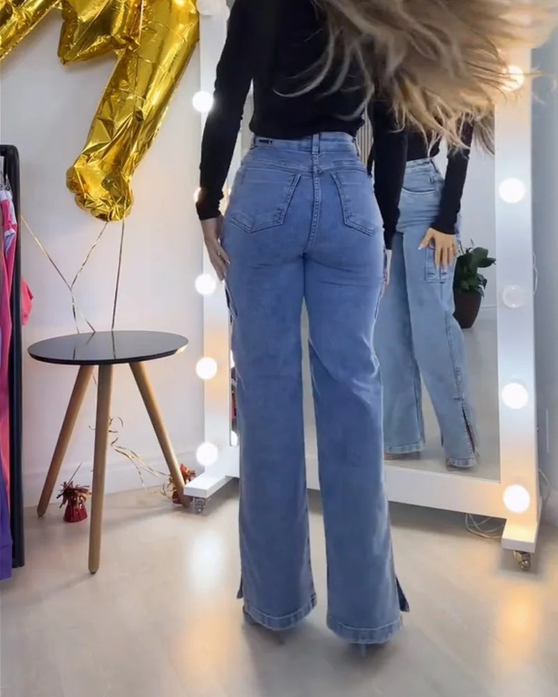Side split cargo jeans High Quality Elastic Women's Flared Jeans With Waistband Tight Pants Fashion Women Clothing High Street