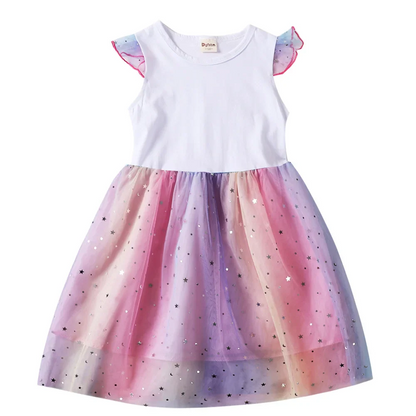 My Little Ponys Baby Girls Dress Children Cartoon Mesh Star Sequins Princess Dress Kids Flying Sleeve Skirt For Birthday Gift