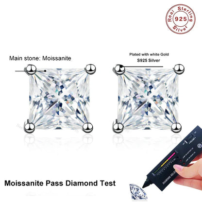 1ct 2ct Princess Cut Moissanite Earrings s925 Sterling Silver Plated with White Gold Plated Ear Studs for Women Jewelry