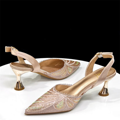 New Green Colour Pointed-Toe Diamond-Studded Party Women's High Heels Gorgeous Parties Shoes and Bag to Match