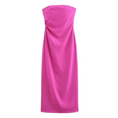 Women Fashion Strapless Gathered Midi Dress Sexy Straight Neck Back Slit Female Dresses Vestidos Mujer
