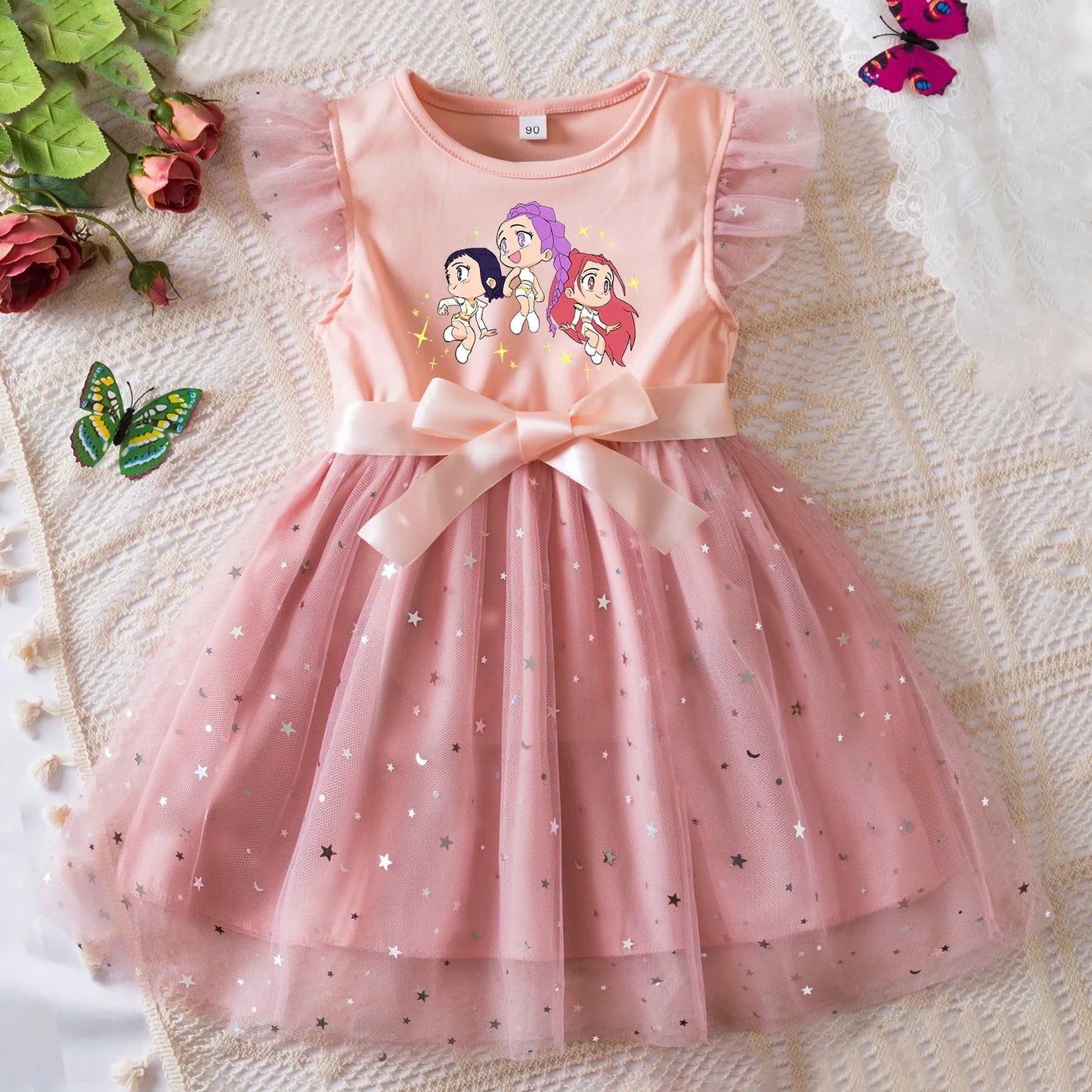 Rumi Girls Sequin Tutu Dress with Bow Flutter Sleeves Summer Princess Party Outfit for Toddler Kids 2-6 Years