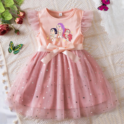 Rumi Girls Sequin Tutu Dress with Bow Flutter Sleeves Summer Princess Party Outfit for Toddler Kids 2-6 Years