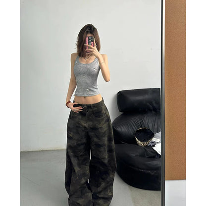 Autumn Womens Jeans High Waist Baggy Casual Vintage Y2K Camouflage Straight Pants Street American Wide Leg Denim Trouser